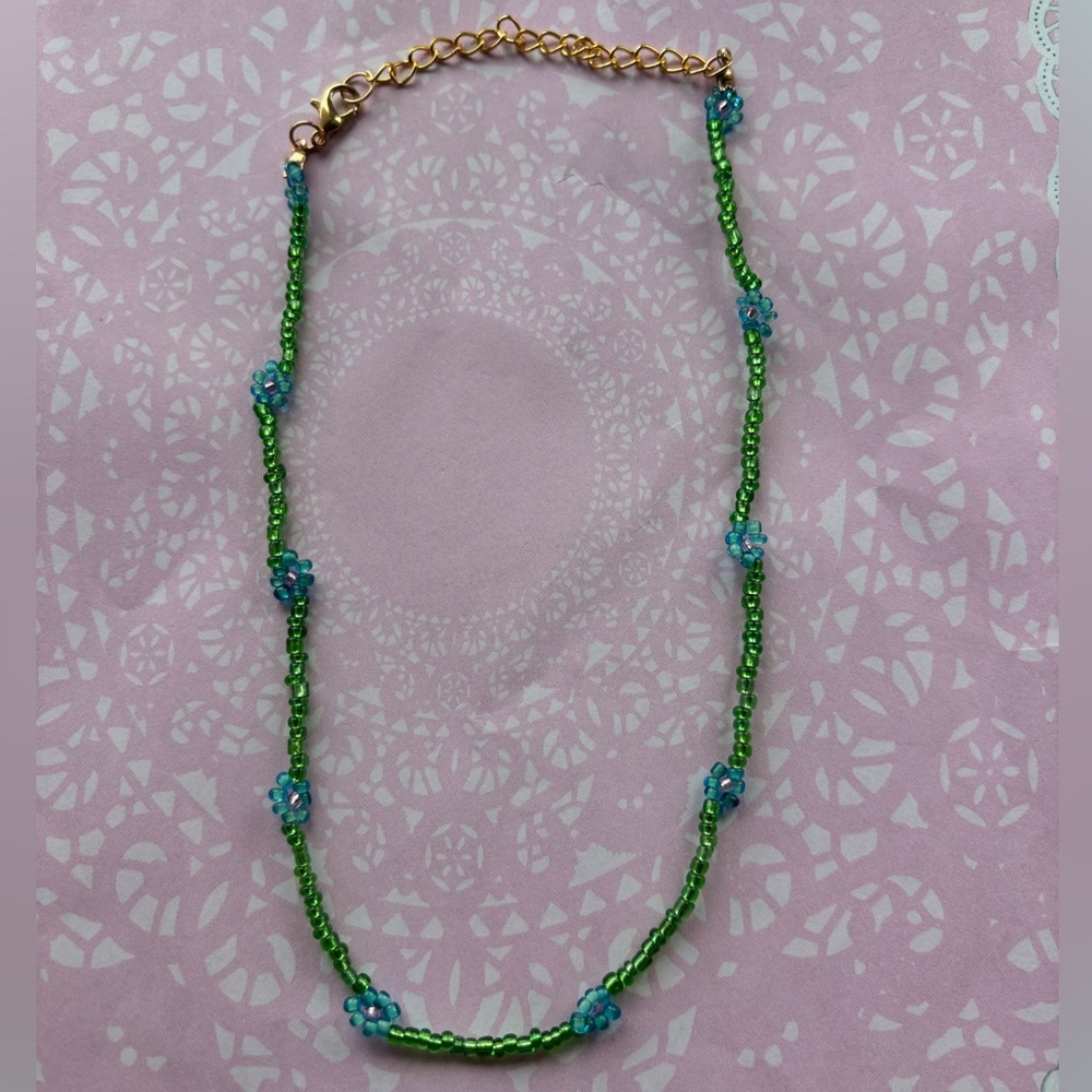 Handmade green and blue beaded flower necklace with gold chain - Picture 1 of 1